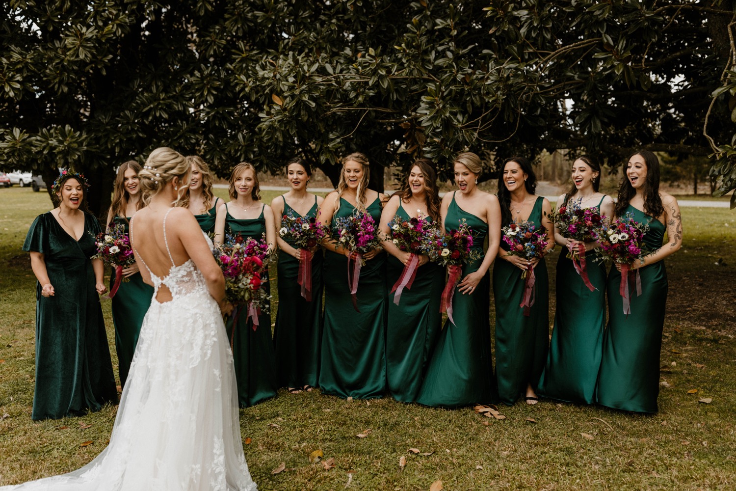 bride and bridesmaids first look