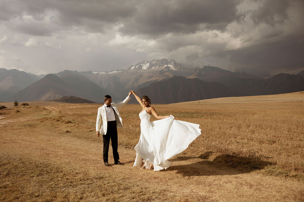Bride and groom photos in the mountains of Peru after their wedding ceremony