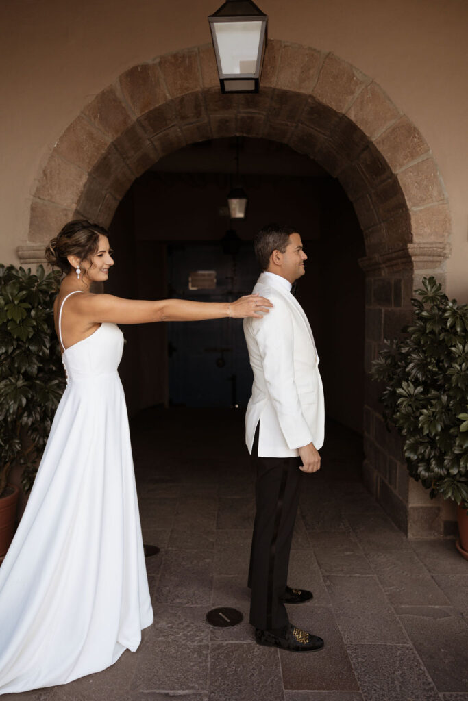 first look with couple outside at their destination wedding in peru